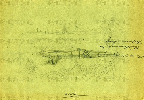 Soldier standing in a rifle pit covered by a canopy, 1865 ca. April, drawing on green paper pencil, 21.8 x 30.9 cm. (sheet), 1862-1865, by Alfred R Waud, 1828-1891, an american artist famous for his American Civil War sketches, America, US