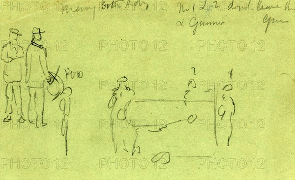 Artillery men, rough sketch of soldiers and cannon, 1860-1865, drawing, 1862-1865, by Alfred R Waud, 1828-1891, an american artist famous for his American Civil War sketches, America, US