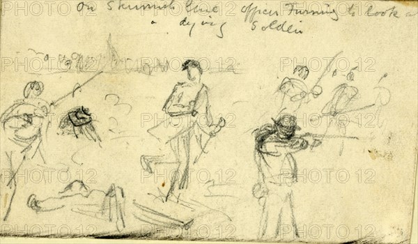 On skirmish line Officer turning to look at a dying soldier, between 1860 and 1865, drawing on white paper pencil, 6.9 x 12.1 cm. (sheet), 1862-1865, by Alfred R Waud, 1828-1891, an american artist famous for his American Civil War sketches, America, US