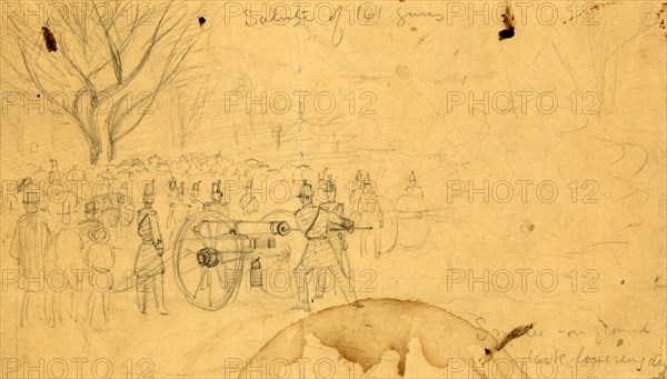 Salute of 161 guns, 1861, drawing on cream paper pencil, 11.5 x 21.0 cm. (sheet), 1862-1865, by Alfred R Waud, 1828-1891, an american artist famous for his American Civil War sketches, America, US
