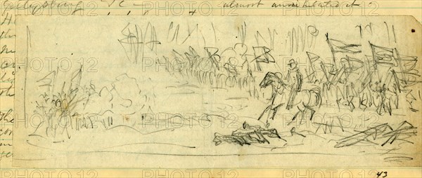 A Corps going into battle, possibly General Warren's V Corps at Mine Run, 1865?, drawing on white paper pencil, 8.8 x 23.8 cm. (sheet), 1862-1865, by Alfred R Waud, 1828-1891, an american artist famous for his American Civil War sketches, America, US