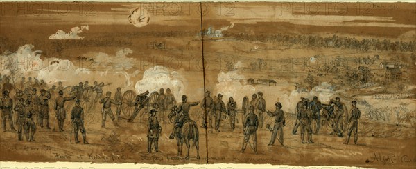 Fight at Kelly's Ford Sleepers battery, 1863 November 7, drawing on brown paper pencil and Chinese white, 12.9 x 35.5 cm. (sheet), 1862-1865, by Alfred R Waud, 1828-1891, an american artist famous for his American Civil War sketches, America, US