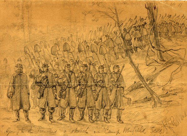 Going to the trenches, a sketch in Camp Winfield Scott. Before Yorktown, 1862 May, drawing on brown paper pencil, 18.2 x 25.9 cm. (sheet), drawing, 1862-1865, by Alfred R Waud, 1828-1891, an american artist famous for his American Civil War sketches, America, US