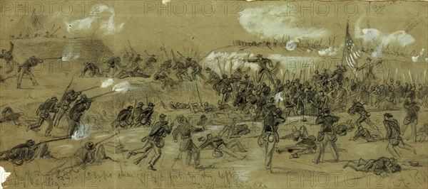 The 24th Corps charging a fort to the left, 1865 April 2, drawing on olive paper pencil and Chinese white, 14.1 x 33.8 cm. (sheet), 1862-1865, by Alfred R Waud, 1828-1891, an american artist famous for his American Civil War sketches, America, US