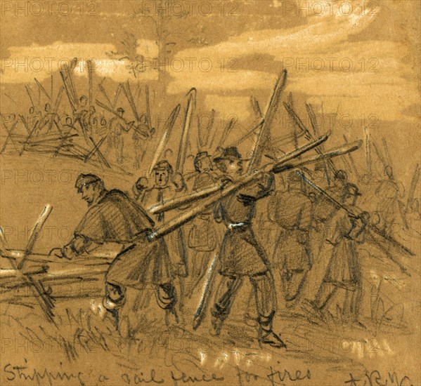 Stripping a rail fence for fires, between 1860 and 1865, drawing on brown paper pencil and Chinese white, 9.6 x 10.5 cm. (sheet), 1862-1865, by Alfred R Waud, 1828-1891, an american artist famous for his American Civil War sketches, America, US