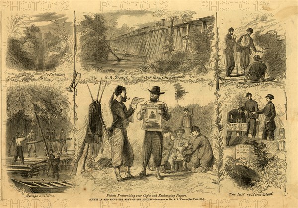 Scenes in and about the Army of the Potomac, 1862 July 26, 1 wood engraving, 36 x 23.8 cm. (image), 1862-1865, by Alfred R Waud, 1828-1891, an american artist famous for his American Civil War sketches, America, US