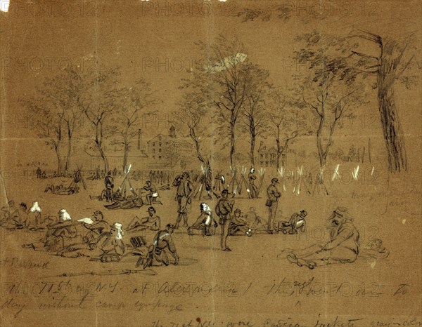 The 71st reg. N.Y. at Alexandria, 1861 May 24-31, drawing on brown paper pencil and Chinese white, 20.3 x 16.1 cm. (sheet), 1862-1865, by Alfred R Waud, 1828-1891, an american artist famous for his American Civil War sketches, America, US