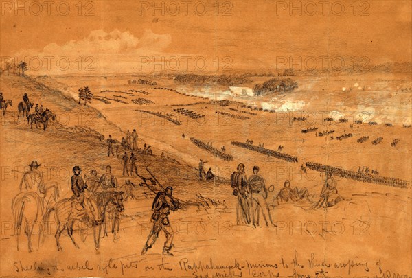 Shelling the rebel rifle pits on the Rappahannock, previous to the third crossing of Sedgwicks corps June 5th, 1863 June 5, drawing on brown paper pencil and Chinese white, 22.6 x 34.6 cm. (sheet), 1862-1865, by Alfred R Waud, 1828-1891, an american artist famous for his American Civil War sketches, America, US