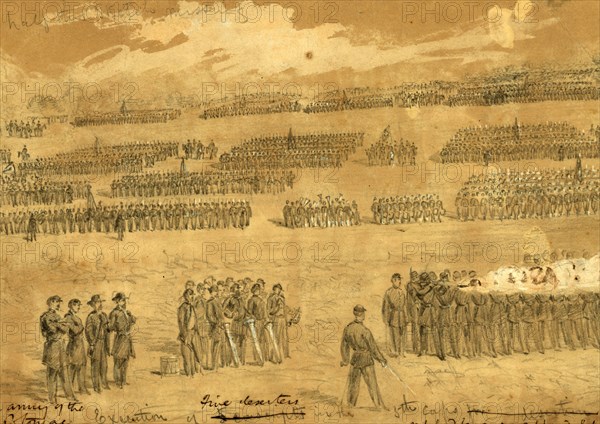 Execution of five deserters in the 5th Corps, 1863 August 29, drawing, 1862-1865, by Alfred R Waud, 1828-1891, an american artist famous for his American Civil War sketches, America, US
