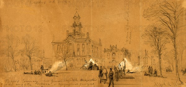 Fairfax Seminary now General Hospital Headquarters for the Army of the Potomac, between 1860 and 1865, drawing on brown paper pencil and Chinese white, 15.8 x 35.1 cm. (sheet), 1862-1865, by Alfred R Waud, 1828-1891, an american artist famous for his American Civil War sketches, America, US