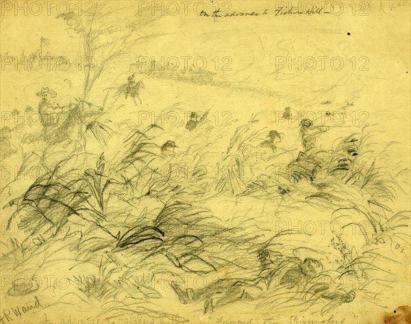 On the advance to Fishers Hill, 1864 September 22, drawing on tan paper pencil, 22.8 x 29.2 cm. (sheet), 1862-1865, by Alfred R Waud, 1828-1891, an american artist famous for his American Civil War sketches, America, US