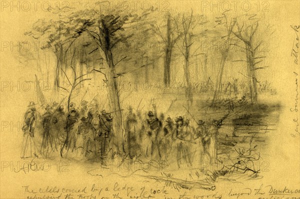 The rebels covered by a ledge of rock repulsing the troops on the right- in the woods beyond the Duncker ch.  Antietam, 1862 September 17, drawing on tan paper pencil, 16.7 x 25.5 cm. (sheet), 1862-1865, by Alfred R Waud, 1828-1891, an american artist famous for his American Civil War sketches, America, US