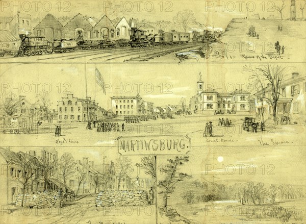 Martinsburg, 1864 ca. December 3, drawing on light green paper pencil and Chinese white, 23.5 x 32.7 cm (sheet), 1862-1865, by Alfred R Waud, 1828-1891, an american artist famous for his American Civil War sketches, America, US