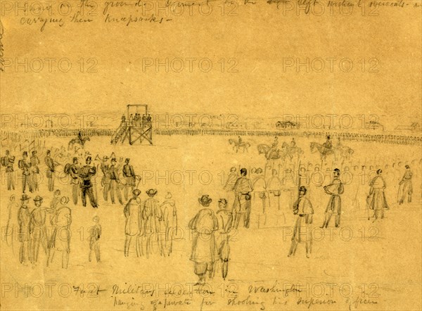 First military execution in Washington; hanging of a private for shooting his superior officer, 1862 January 6, drawing on tan paper pencil, 17.6 x 24.2 cm. (sheet), 1862-1865, by Alfred R Waud, 1828-1891, an american artist famous for his American Civil War sketches, America, US