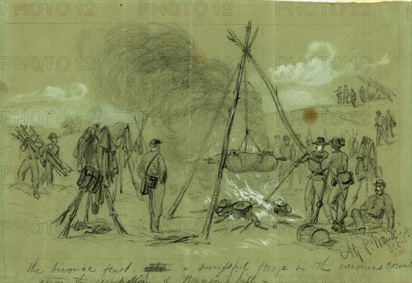 The bivouac feast after a successful forage in the enemies country after the occupation of Munson's hill, 1861 October 1, drawing on green paper pencil and Chinese white, 17.5 x 26.6 cm. (sheet), 1862-1865, by Alfred R Waud, 1828-1891, an american artist famous for his American Civil War sketches, America, US