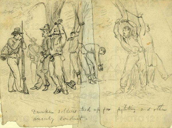 Drunken soldiers tied up for fighting and other unruly conduct, between 1860 and 1865, drawing on cream paper pencil, 17.0 x 23.2 cm. (sheet), 1862-1865, by Alfred R Waud, 1828-1891, an american artist famous for his American Civil War sketches, America, US