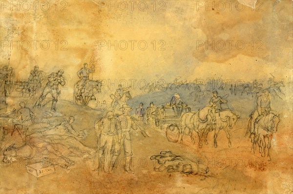 Near the cemetery, Gettysburg retiring disabled artillery, 1863 July 1-3, drawing on tan paper pencil and watercolor, 23.6 x 36.3 cm. (sheet), 1862-1865, by Alfred R Waud, 1828-1891, an american artist famous for his American Civil War sketches, America, US