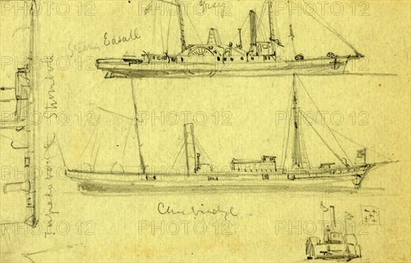 Sketches of four ships, between 1860 and 1865, drawing on light green paper pencil, 8.4 x 13.5 cm. (sheet), 1862-1865, by Alfred R Waud, 1828-1891, an american artist famous for his American Civil War sketches, America, US