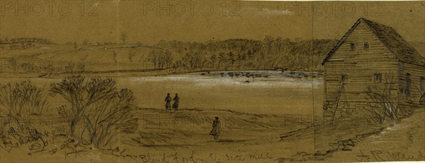 Blind Ford & Scotts Mill, 1863 ca. May 5, drawing on olive paper pencil and Chinese white, 12.2 x 33.6 cm. (sheet), The Alfred Waud American Civil War Sketches Collection, 1862-1865, by Alfred R Waud, 1828-1891, an american artist famous for his American Civil War sketches, America, US