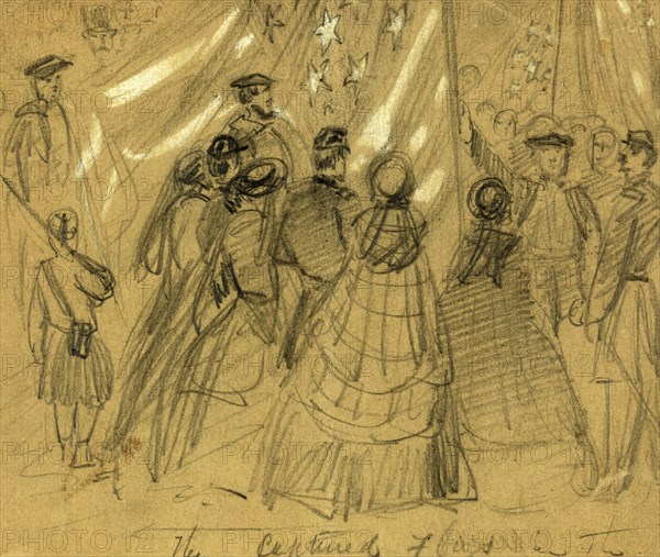 The captured flags in the O, 1862 February, drawing on brown paper pencil and Chinese white, 13.8 x 16.5 cm. (sheet), The Alfred Waud American Civil War Sketches Collection, 1862-1865, by Alfred R Waud, 1828-1891, an american artist famous for his American Civil War sketches, America, US