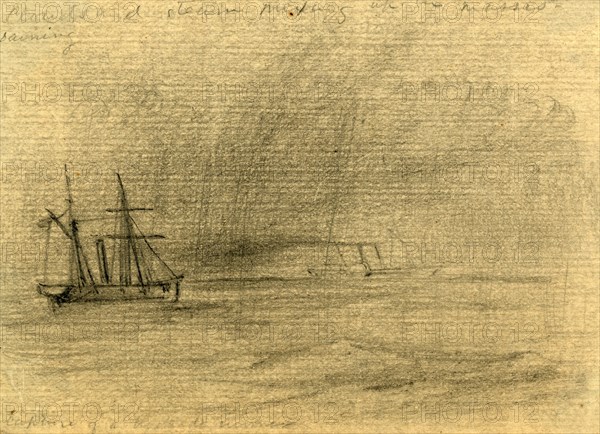 Capture of a blockade runner, between 1860 and 1865, drawing on cream paper pencil, 8.8 x 12.3 cm. (sheet), The Alfred Waud American Civil War Sketches Collection, 1862-1865, by Alfred R Waud, 1828-1891, an american artist famous for his American Civil War sketches, America, US