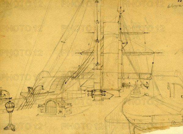 Ship's deck, between 1860 and 1865, drawing on cream paper pencil, 17.6 x 24.7 cm. (sheet), The Alfred Waud American Civil War Sketches Collection, 1862-1865, by Alfred R Waud, 1828-1891, an american artist famous for his American Civil War sketches, America, US