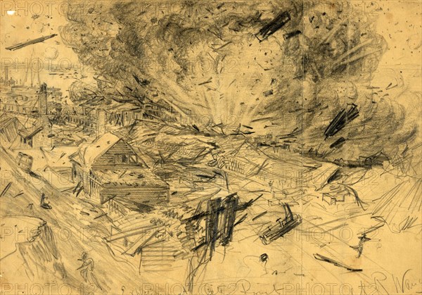 Explosion at City Point, 1864 August 9, drawing on tan paper pencil, 23.2 x 34.0 cm. (sheet), The Alfred Waud American Civil War Sketches Collection, 1862-1865, by Alfred R Waud, 1828-1891, an american artist famous for his American Civil War sketches, America, US