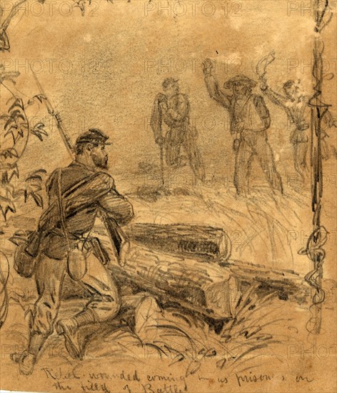 Rebel wounded coming in as prisoners on the field of battle, 1863 ca. July, drawing on tan paper pencil, 12.5 x 10.7 cm. (sheet), The Alfred Waud American Civil War Sketches Collection, 1862-1865, by Alfred R Waud, 1828-1891, an american artist famous for his American Civil War sketches, America, US