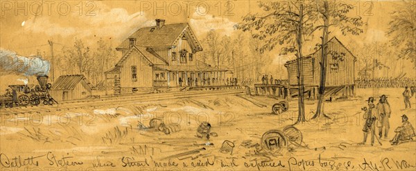 Catletts Station where Stuart made a raid and captured Popes baggage, drawing, 1862-1865, by Alfred R Waud, 1828-1891, an american artist famous for his American Civil War sketches, America, US