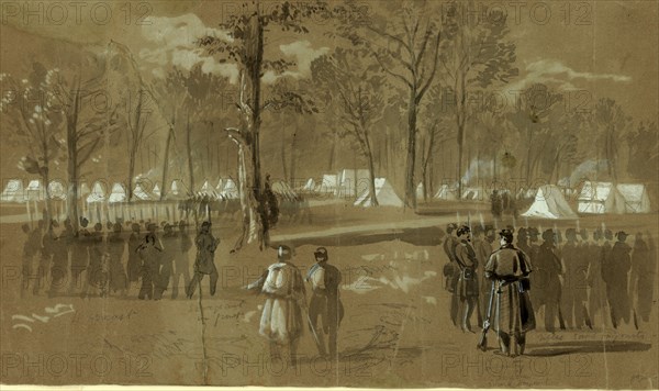 Camp of the second Connecticut regiment at Washington, in a grove on the north side of the city- Near the New York 7th, drawing, 1862-1865, by Alfred R Waud, 1828-1891, an american artist famous for his American Civil War sketches, America, US