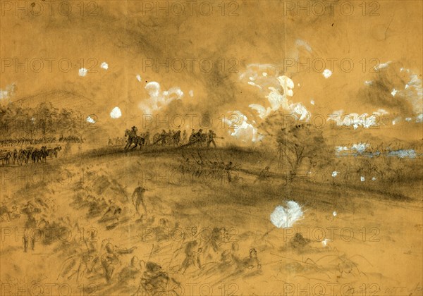 Part of Ward's line, Kershaw attacking, drawing, 1862-1865, by Alfred R Waud, 1828-1891, an american artist famous for his American Civil War sketches, America, US