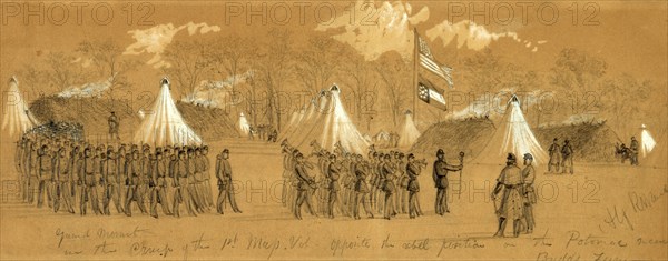 Guard Mount in the Camp of the 1st Mass. Vol. Opposite the rebel position on the Potomac near Budds Ferry, drawing, 1862-1865, by Alfred R Waud, 1828-1891, an american artist famous for his American Civil War sketches, America, US