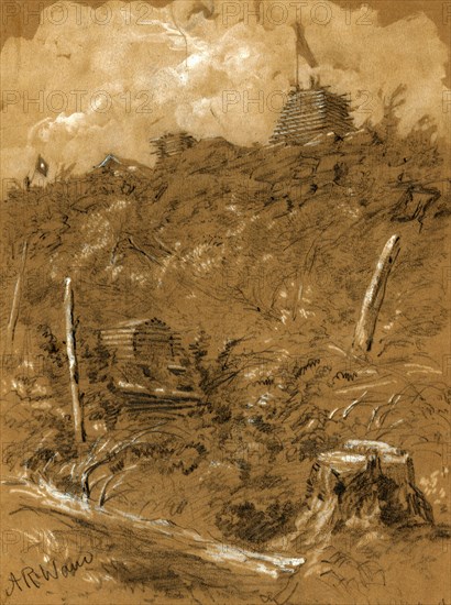 Signal Station on Maryland heights highest point occupied by the army, drawing, 1862-1865, by Alfred R Waud, 1828-1891, an american artist famous for his American Civil War sketches, America, US