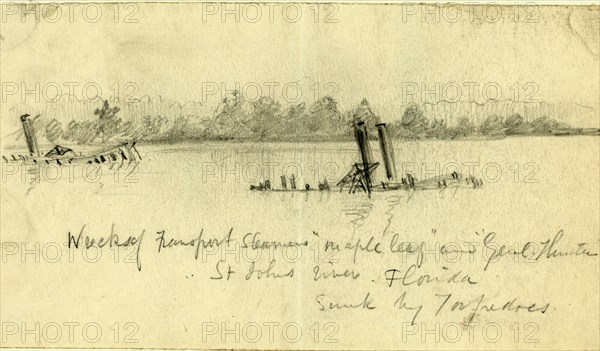 Wreck of Transport Steamers Maple leaf and Genl. Hunter, St. Johns river, Florida, Sunk by torpedoes, drawing, 1862-1865, by Alfred R Waud, 1828-1891, an american artist famous for his American Civil War sketches, America, US