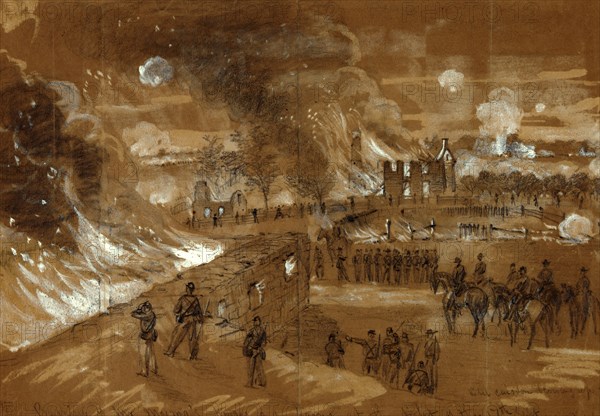 Burning of Mr. Muma's houses and barns at the fight of the 17th of Sept., drawing, 1862-1865, by Alfred R Waud, 1828-1891, an american artist famous for his American Civil War sketches, America, US