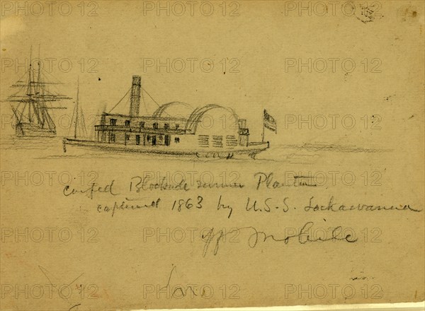 Confed. Blockade runner Planter captured 1863 by U.S.S. Lackawanna off Mobile, drawing, 1862-1865, by Alfred R Waud, 1828-1891, an american artist famous for his American Civil War sketches, America, US