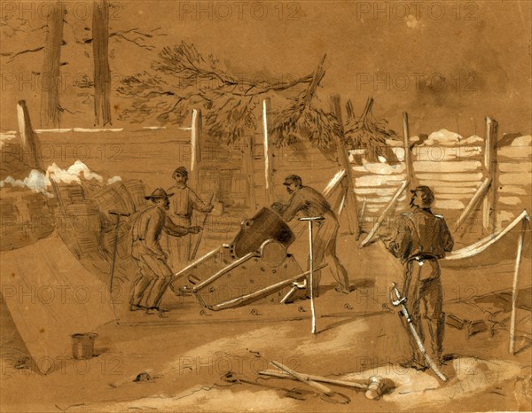 View of 8 in. Mortar in Captain Dow's Battery, drawing, 1862-1865, by Alfred R Waud, 1828-1891, an american artist famous for his American Civil War sketches, America, US