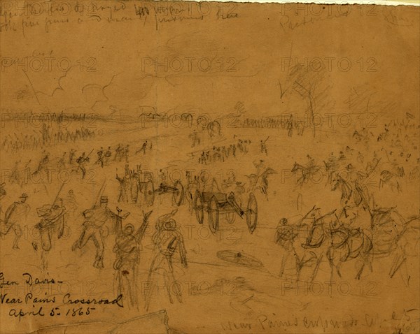 Gen. Davis Near Paines Crossroad April 5, 1865, drawing, 1862-1865, by Alfred R Waud, 1828-1891, an american artist famous for his American Civil War sketches, America, US