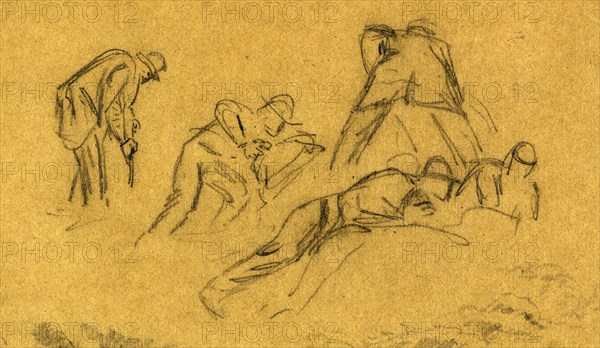 Five men digging, drawing, 1862-1865, by Alfred R Waud, 1828-1891, an american artist famous for his American Civil War sketches, America, US