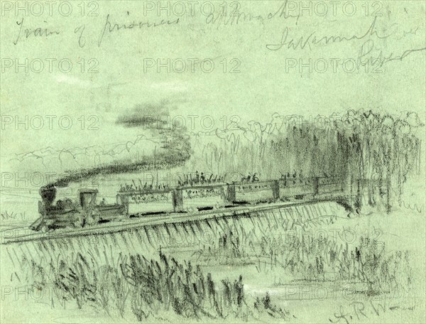 Train of prisoners approaches Savannah River, drawing, 1862-1865, by Alfred R Waud, 1828-1891, an american artist famous for his American Civil War sketches, America, US