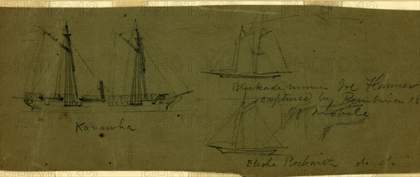 Broadside views of three ships, Kanawha Blockade runner Joe Flanner, captured by Pembina 1863 off Mobile; and Elias Beckwith, drawing, 1862-1865, by Alfred R Waud, 1828-1891, an american artist famous for his American Civil War sketches, America, US