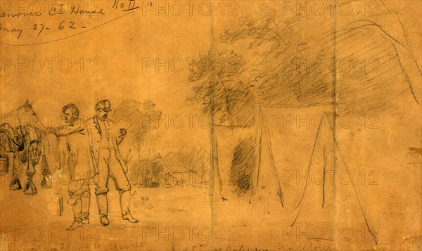 Camp of Signal corps nr. Yorktown, drawing, 1862-1865, by Alfred R Waud, 1828-1891, an american artist famous for his American Civil War sketches, America, US