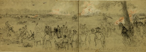 12th May Hancock and Wright fighting for the enemies rifle pits sketched from Lundmans house, drawing, 1862-1865, by Alfred R Waud, 1828-1891, an american artist famous for his American Civil War sketches, America, US