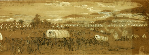Sheridans Wagon Trains in the Valley. Early morning mist and smoke, drawing, 1862-1865, by Alfred R Waud, 1828-1891, an american artist famous for his American Civil War sketches, America, US