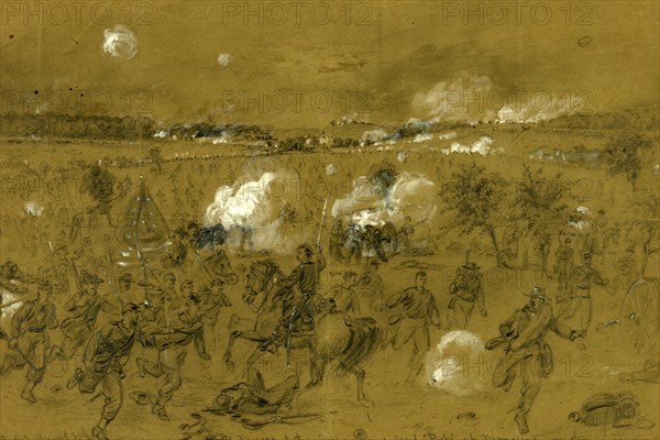 Defeat of the Army of Genl. Pope at Manassas on the Old Bull run battleground, drawing, 1862-1865, by Alfred R Waud, 1828-1891, an american artist famous for his American Civil War sketches, America, US