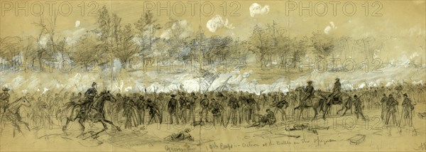 Grovers div. 19th Corps in action at the Battle in the Opequon, drawing, 1862-1865, by Alfred R Waud, 1828-1891, an american artist famous for his American Civil War sketches, America, US