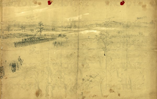 McClellan reviewing his troops near Baileys Cross Roads, drawing, 1862-1865, by Alfred R Waud, 1828-1891, an american artist famous for his American Civil War sketches, America, US