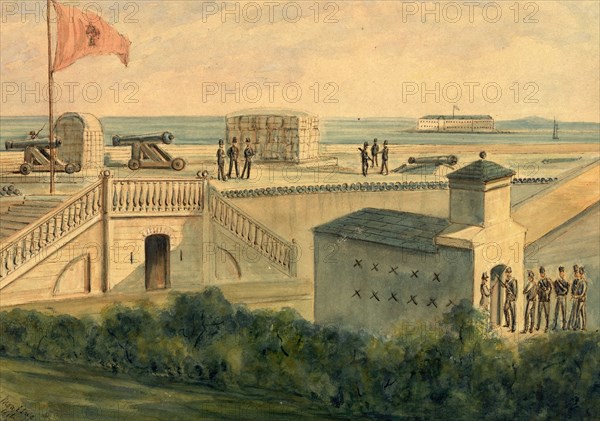 Fort Moultrie, Charleston Harbor, drawing, 1862-1865, by Alfred R Waud, 1828-1891, an american artist famous for his American Civil War sketches, America, US