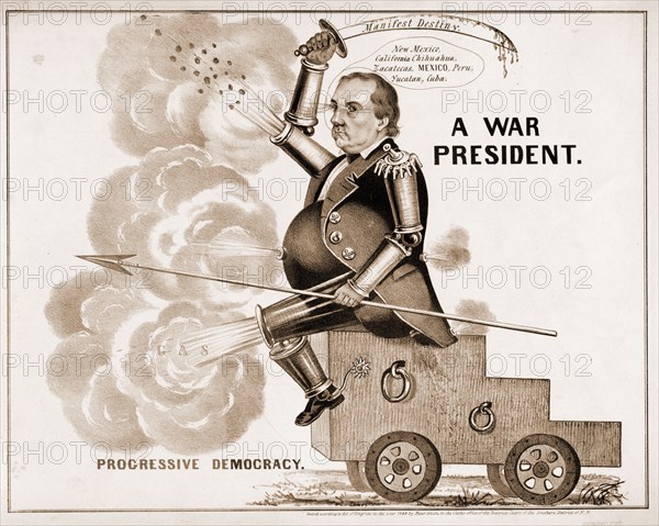 A war president. Progressive democracy; N. Currier (Firm),; [New York : N. Currier], c1848.; 1 print on wove paper : lithograph ; image 33.8 x 42.7 cm.; A caricature of Democratic candidate Lewis Cass, a general in the War of 1812, suggesting that his expansionist leanings would lead the United States into war. Cass (dubbed "General Gas" by the unfriendly press) is pictured as a veritable war machine. He sits on a wheeled gun-carriage, with his various limbs and body parts in the form of cannon shells and barrels shooting "gas" and shot. Over his head he waves a bloody saber labeled "Manifest Destiny," while reciting, "New Mexico, California, Chihuahua, Zacatecas, MEXICO, Peru, Yucatan, Cuba." These reflect, with some exaggeration, Cass's ambitious agenda for territorial expansion in the wake of American victory in the Mexican War. In his left hand he holds a spear.