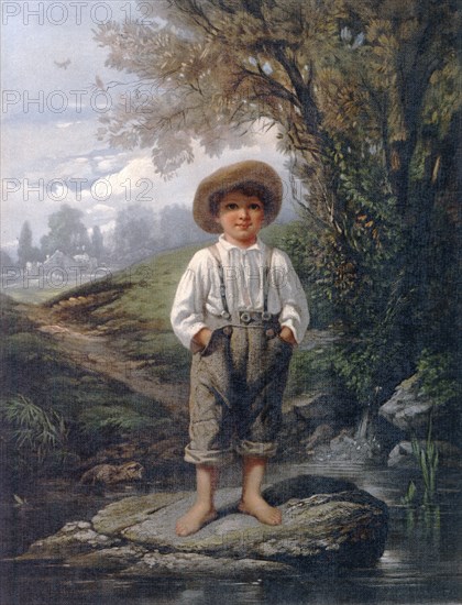 Whittier's barefooted boy; L. Prang & Co.; Johnson, Eastman, 1824-1906 , artist, Whittier, John Greenleaf, 1807-1892.; Boston : Chromolithographed and published by L. Prang & Co., No. 159 Washington St., c1868.; 1 print : chromolithograph ; 33.9 x 25.7 cm. (sheet); Print shows a full-length portrait of a young, barefoot boy standing on a rock in a stream at the edge of a wooded area with a cabin in the background.